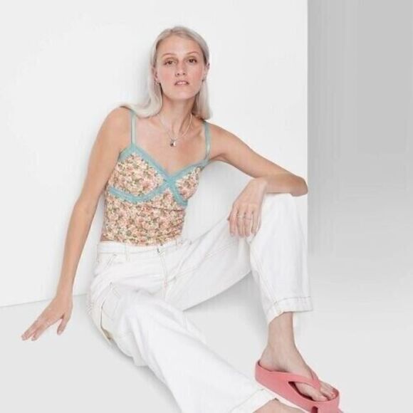 WILD FABLE Women's Lace Trim Tiny Tank Top - Floral Pink XXL- - Picture 1 of 4